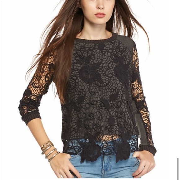 Free People “Pretty Rad” Sweater Gray Lace Crochet Split Back Knit - Picture 14 of 15